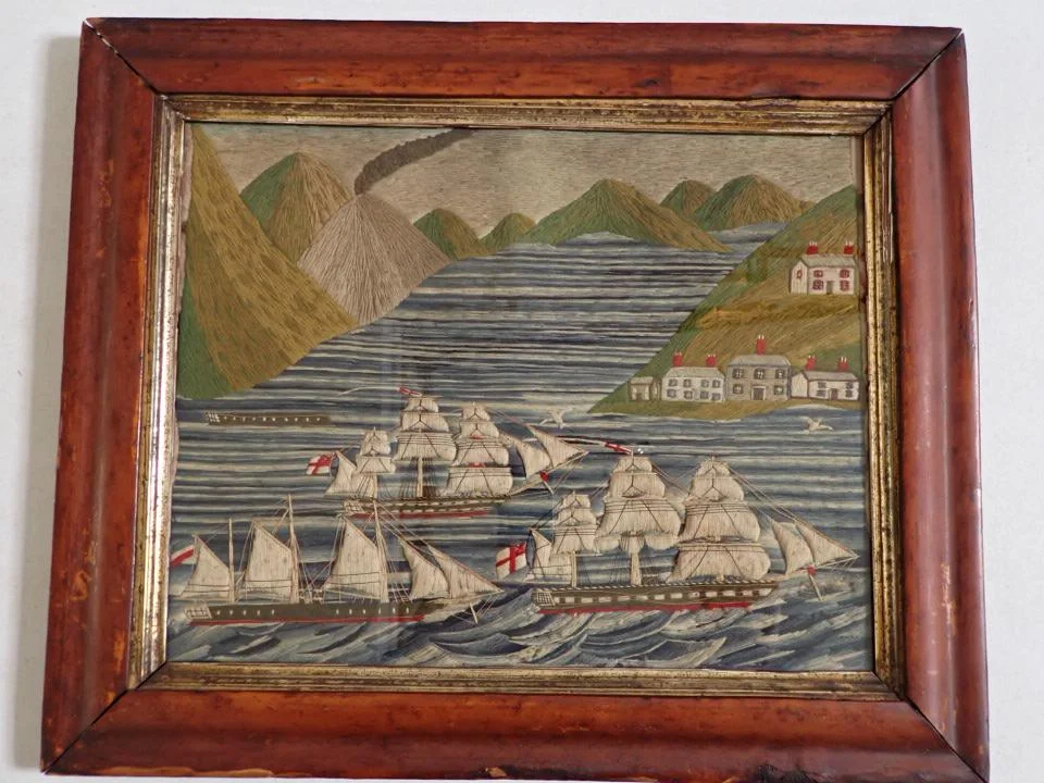 Woolie Folk Art (Embroidery) Of 3 Sailing Ships With Houses - sold at auction for $800