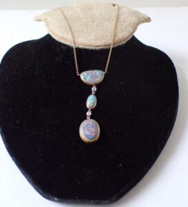 Antique 14K Gold Necklace with 3 Black Opals and 2 Mine Cut Diamonds, Sold At Auction for $11,000 in October 2024