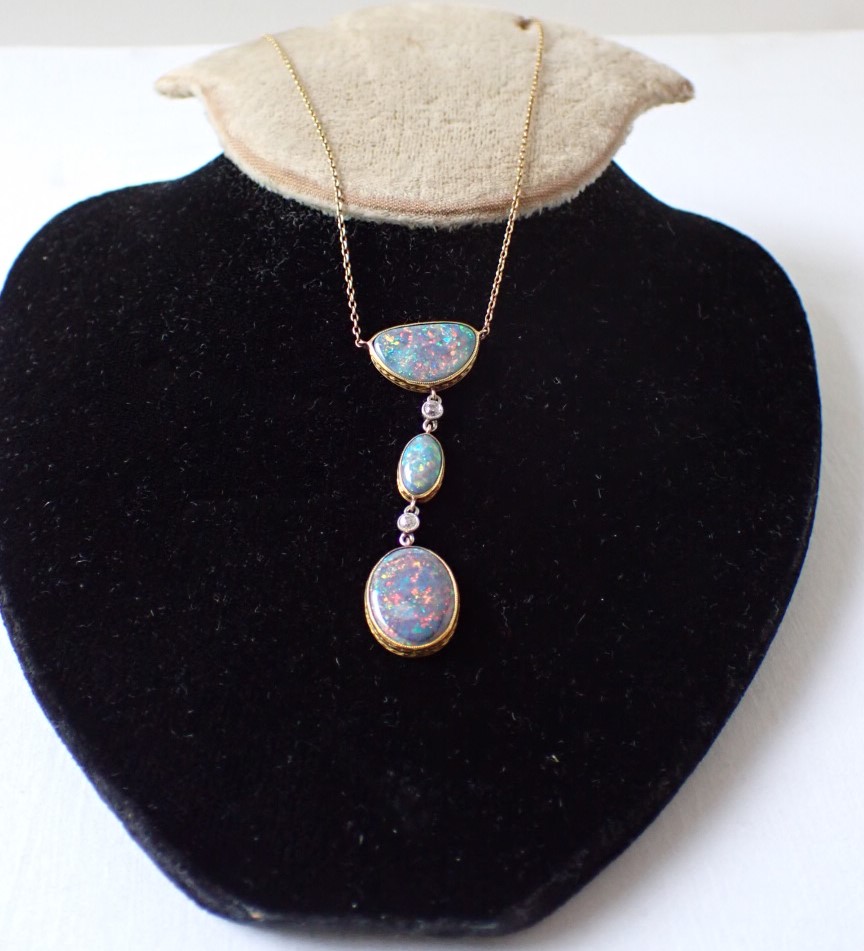 Antique 14K Gold Necklace with 3 Black Opals and 2 Mine Cut Diamonds, Sold At Auction for $11,000 in October 2024