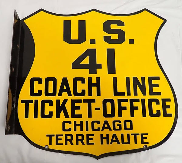 "U.S. 41 Coach Line" Flanged Ticket Office Sign - sold at auction for $3500 by Central Mass Auctions